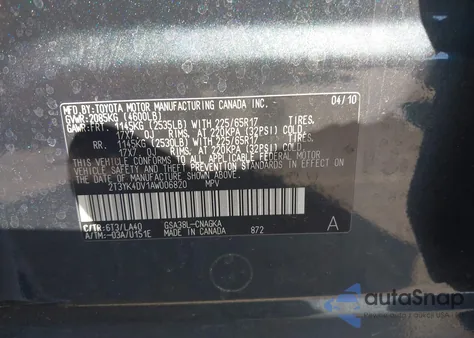 2010 Toyota Rav4 Limited V6 из США, поврежденный, VIN 2T3YK4DV1AW006820